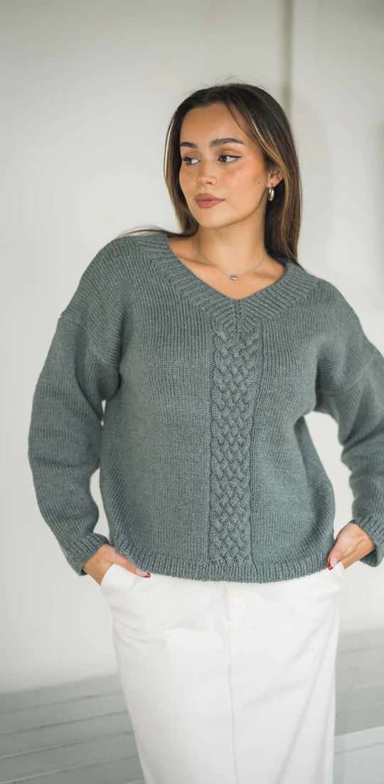 Knitting Pattern - 2305  Cable Front V Neck Sweater 8Ply