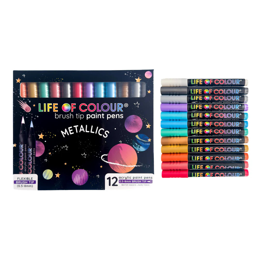 Brush Tip Acrylic Paint Pens - Metallics (12)