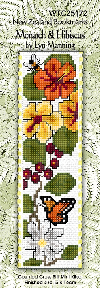 NZ Cross Stitch Bookmark - Monarch & Hibiscus