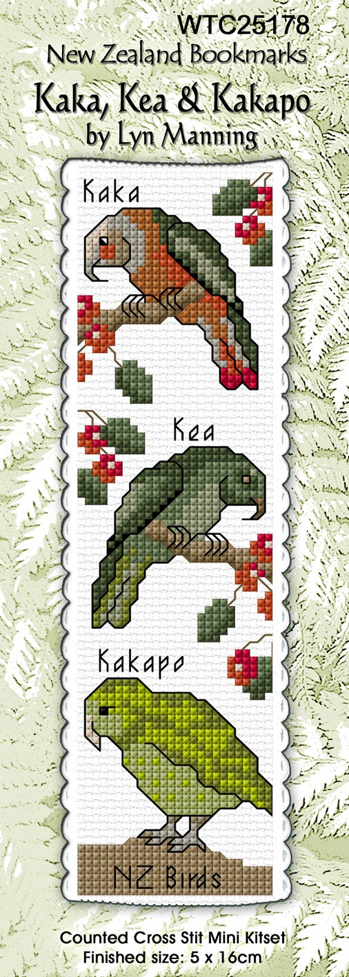 NZ Cross Stitch Bookmark - Kaka, Kea, Kakapo