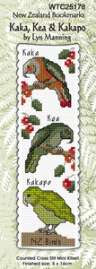 NZ Cross Stitch Bookmark - Kaka, Kea, Kakapo