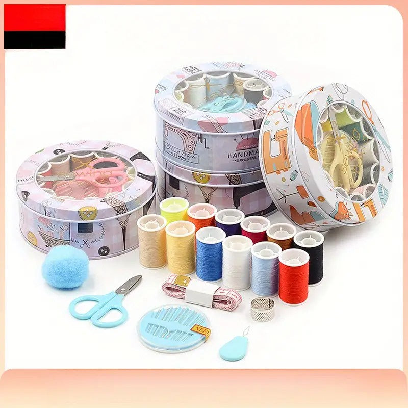 Sewing Kit in Round Window Tin