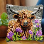 Load image into Gallery viewer, Latch Hook Cushion Kit - Cute Cow in Purple Flowers
