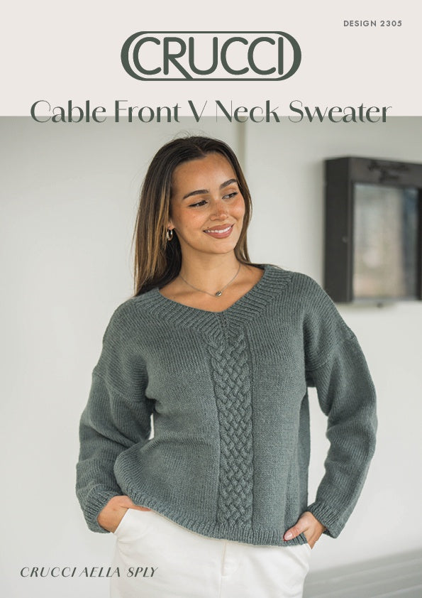 Knitting Pattern - 2305  Cable Front V Neck Sweater 8Ply