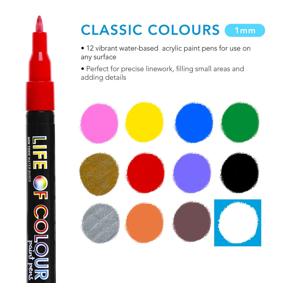 Brush Tip Acrylic Paint Pens - Classic Colour  - 1mm (12)