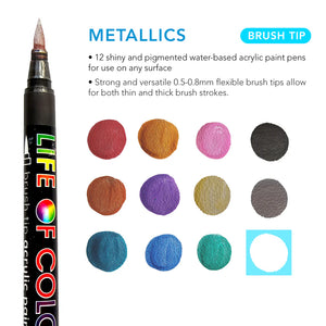 Brush Tip Acrylic Paint Pens - Metallics (12)