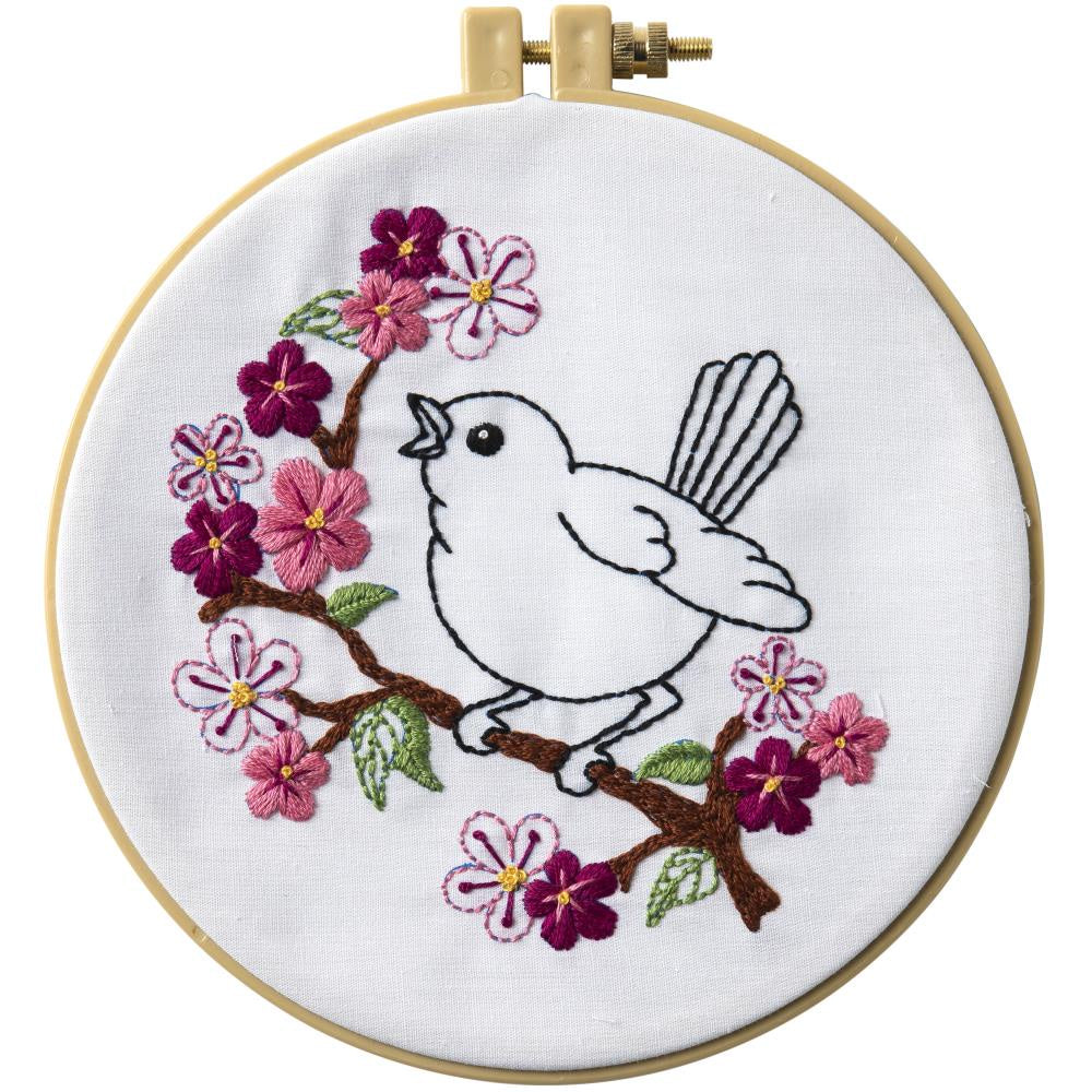 Stamped Embroidery Kit (15cm Round) - Cherry Blossom Birdie